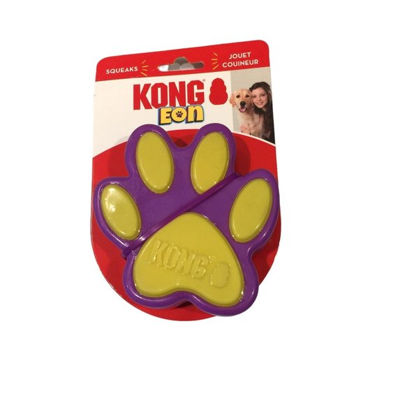 Kong EON Paw Purple Yellow Rubber Squeaker Dog Toy - Picture 1 of 3
